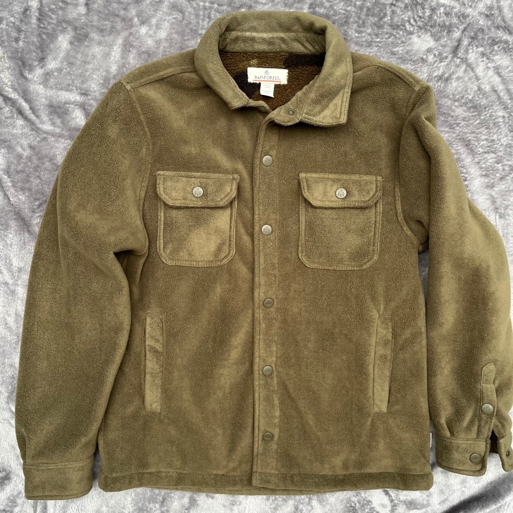 Rainforest Mens Fleece Shirt Jacket Olive Green Camo Sherpa Lined Medium